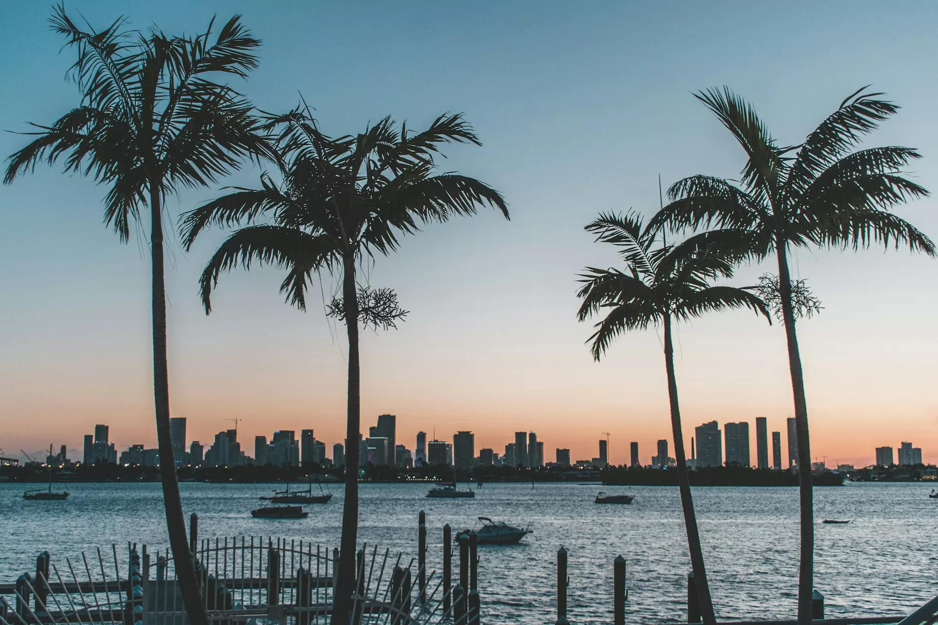 Zonsondergang aan Biscayne Bay met de skyline van Miami downtown op de achtergrond
