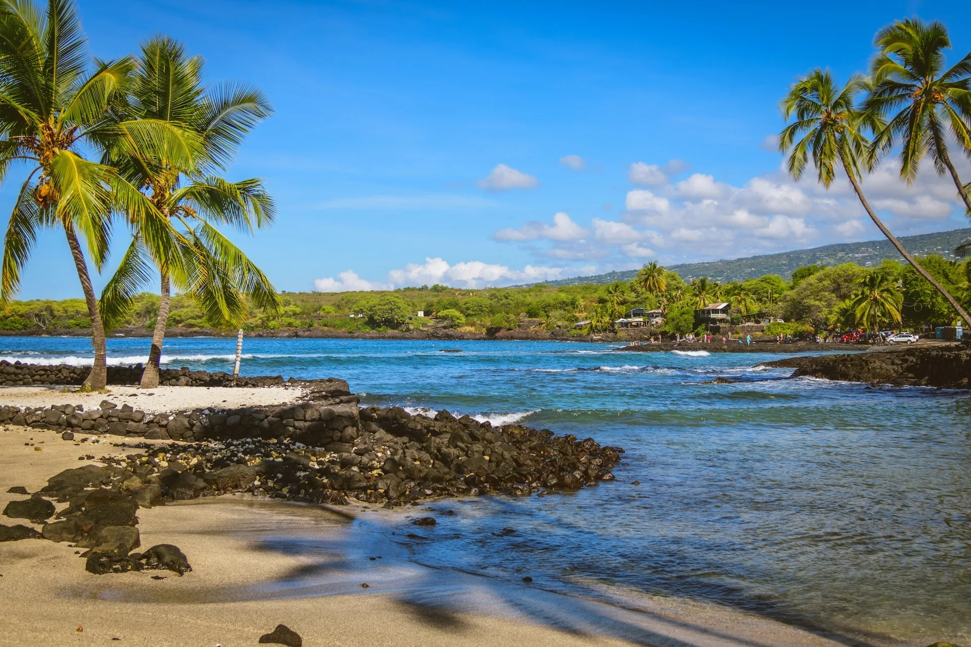 Klein strandje met palmen op Big Island, Hawaii