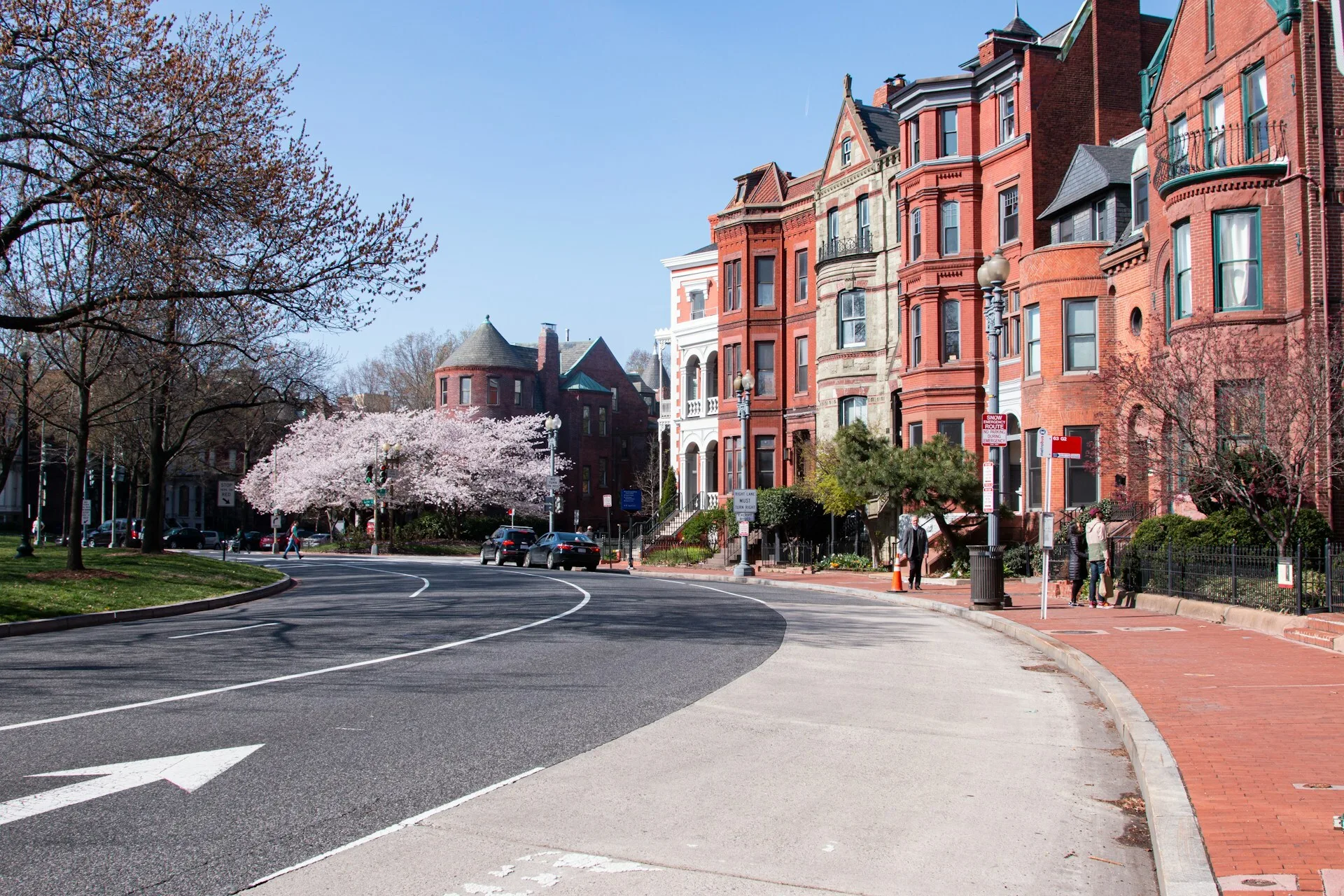 Washington, D.C., Georgetown, met mooie huizen, de zon die schijnt en een boom in volle bloei