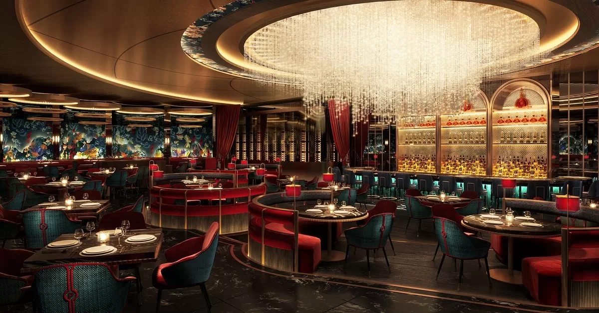 De bar met grote kroonluchter in het Fontainebleau hotel in Las Vegas