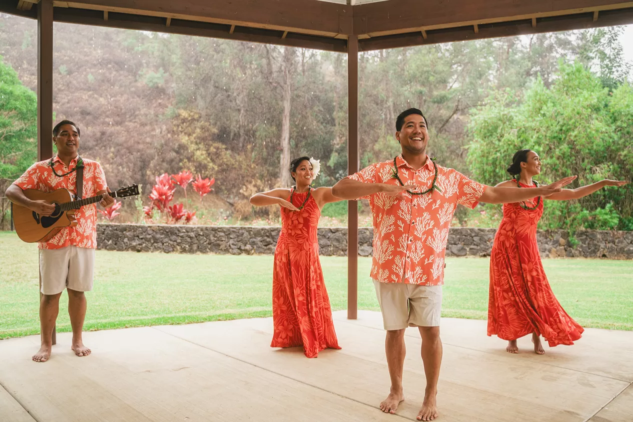 Een traditioneel Hawaiiaanse dans in Kula Botanical Garden op Maui