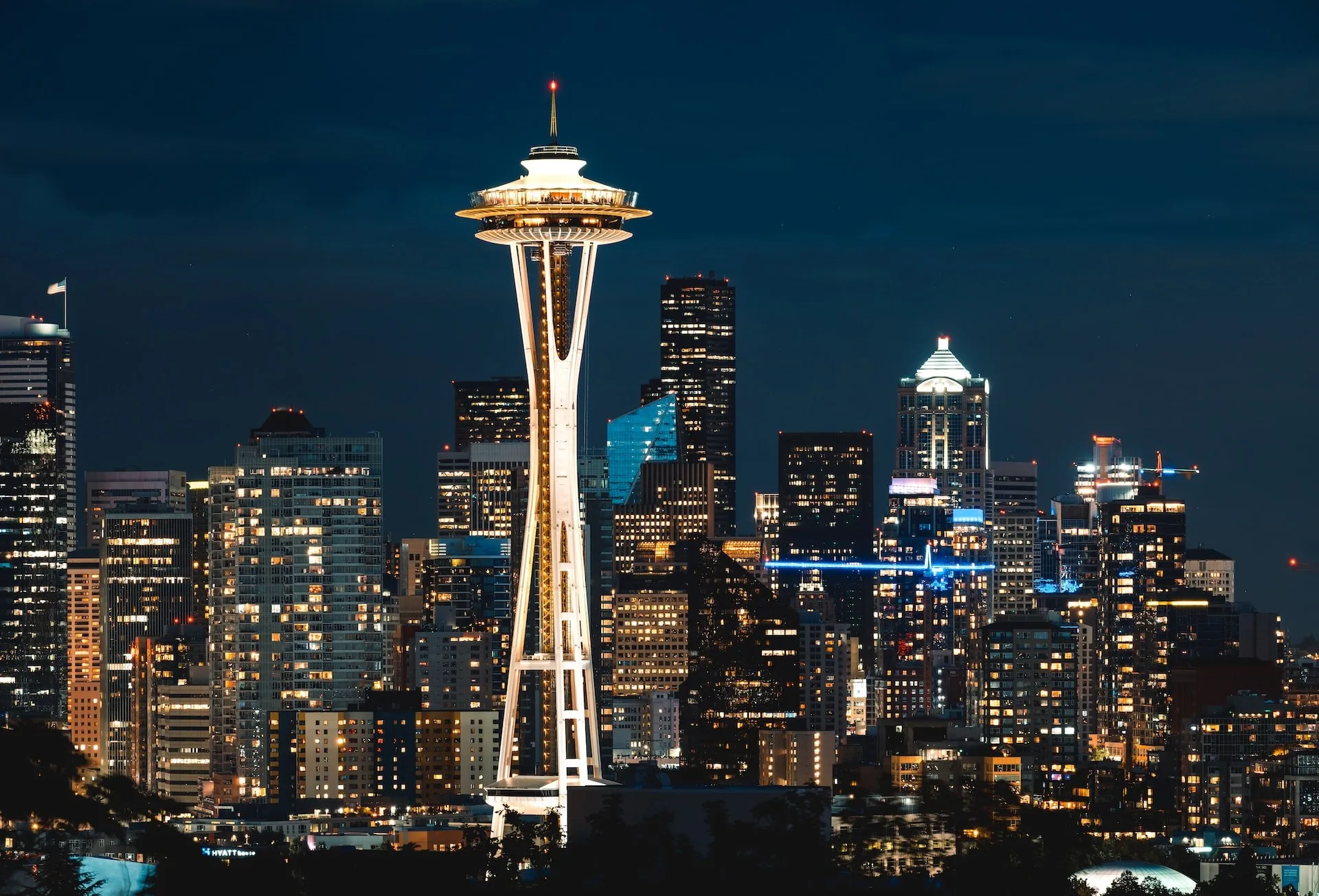 Space Needle na zonsondergang in Seattle