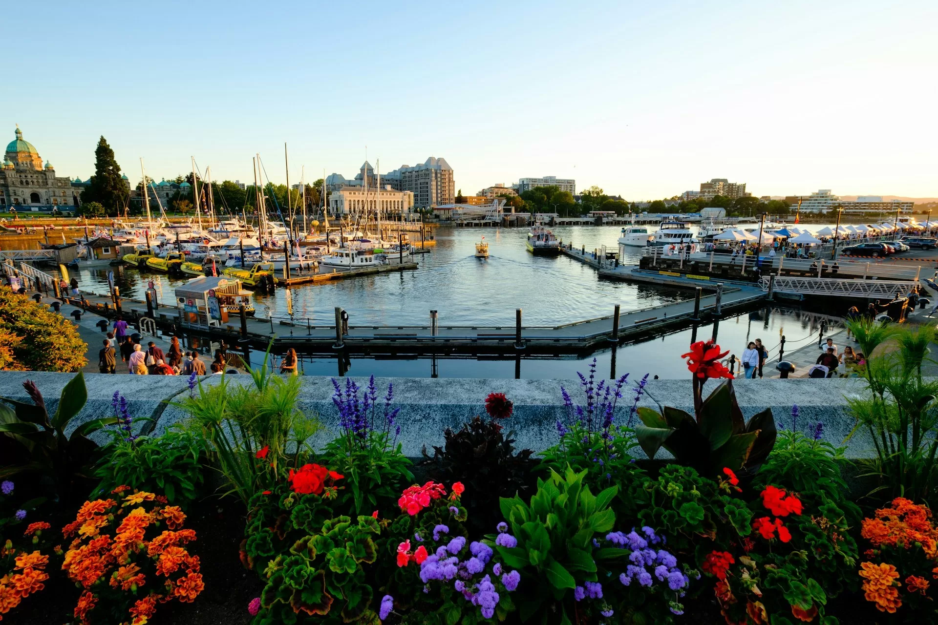 Haventje van Victoria in British Columbia met bloemenperk op de voorgrond