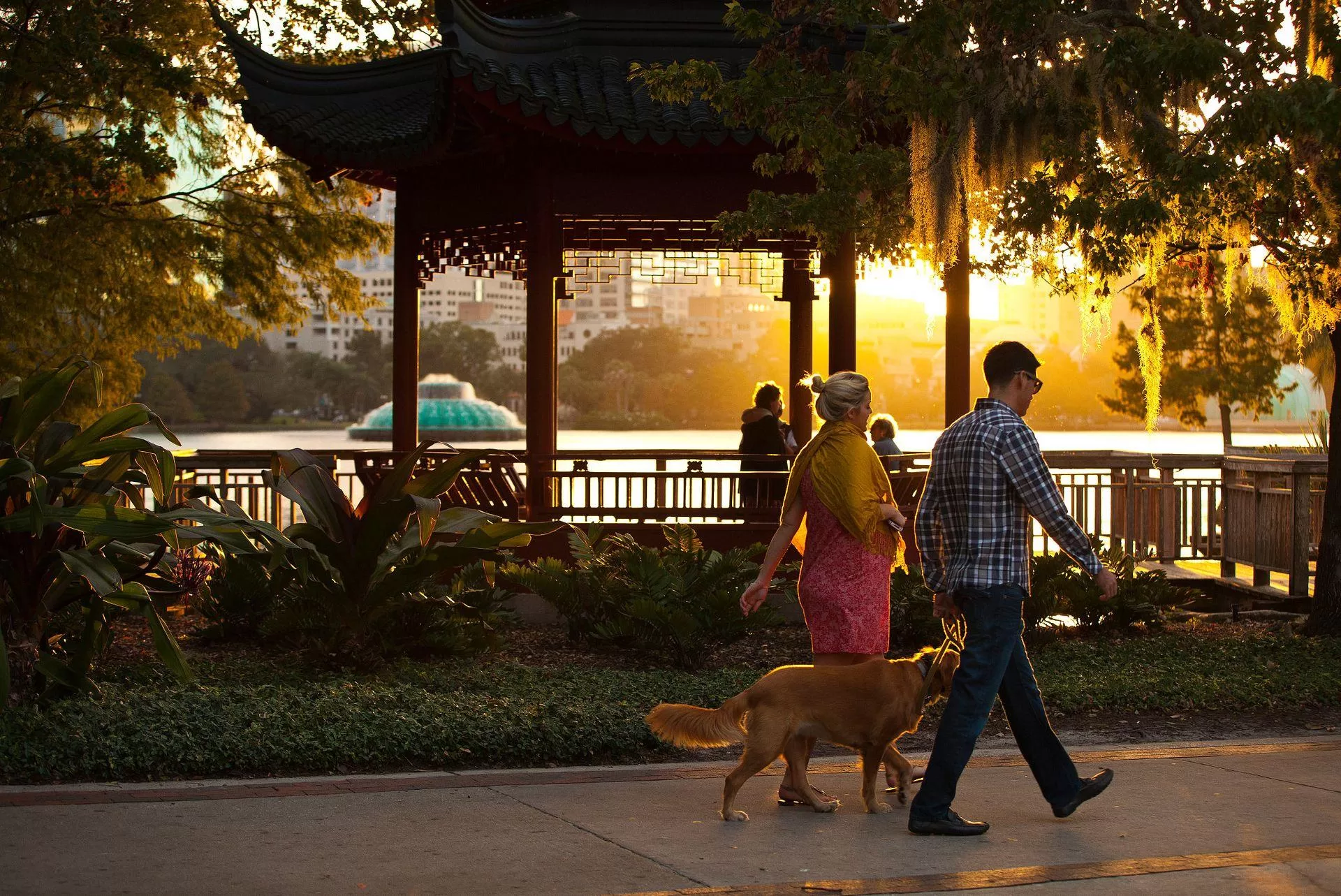 Mensen wandelend bij Lake Eola bij zonsondergang