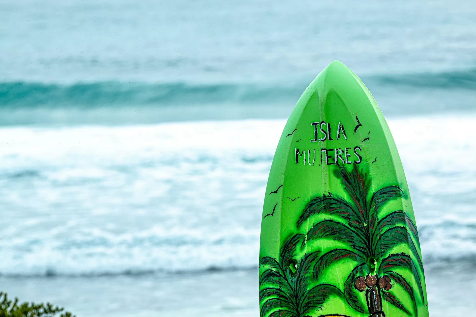 Een surfbord met de zee op de achtergrond op Isla Mujeres